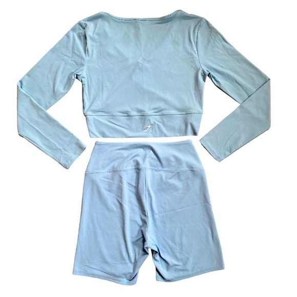 Gymshark Crossover Long Sleeve Shorts Powder Blue Workout Set - Picture 9 of 11